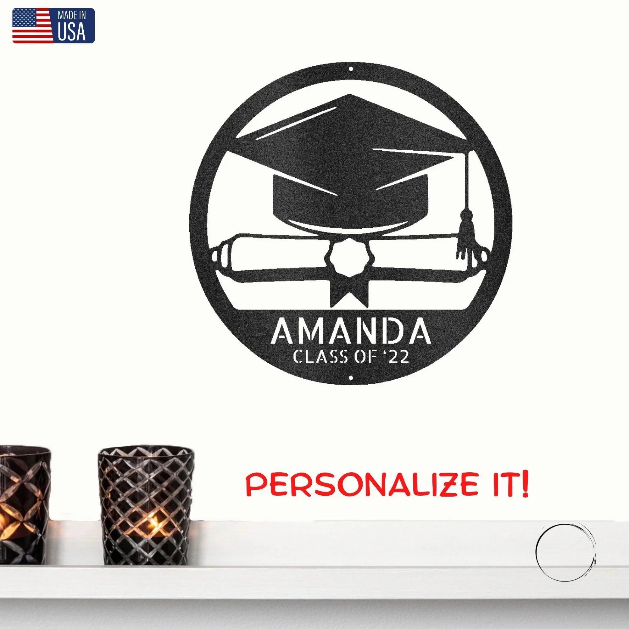 Graduation Cap and Diploma Custom Name Metal Art Wall Sign