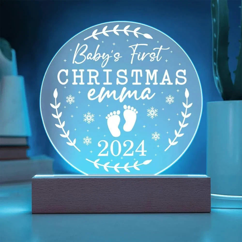 Baby's First Christmas Personalized Acrylic Plaque with Wood or LED Lighted Base