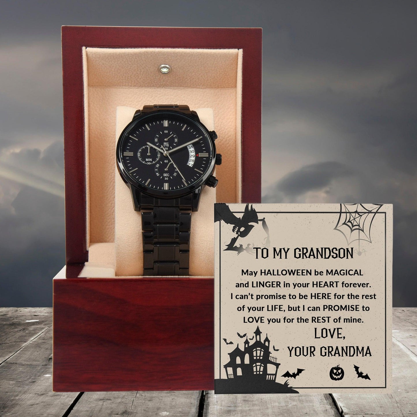 Grandson, May Halloween be Magical - Personalized Black Chronograph Watch - Mallard Moon Gift Shop
