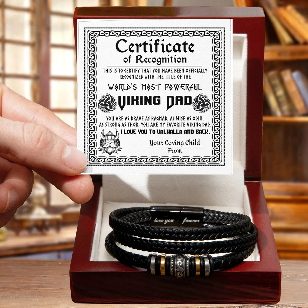 World’s Most Powerful Viking Dad Bracelet – Personalized Certificate Gift from Your Loving Child – Brave, Wise, Strong Norse Mythology Father’s Day Gift Idea – Black Braided Leather Bracelet for Dad