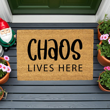 Chaos Lives Here Coir Doormat – Funny Family Welcome Mat | Rustic Farmhouse Front Porch Decor | Everyday Entryway Rug - Mallard Moon