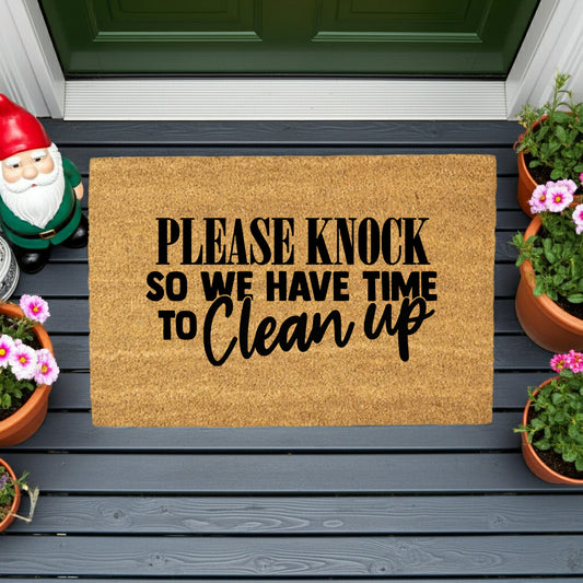 Funny “Please Knock So We Have Time to Clean Up” Doormat | Relatable Coir Welcome Mat for Families | Real-Life Humor Front Porch Décor