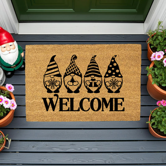 Christmas Gnome “Welcome” Doormat | Festive Holiday Coir Mat with Winter Gnomes | Cute Scandinavian Front Porch Décor