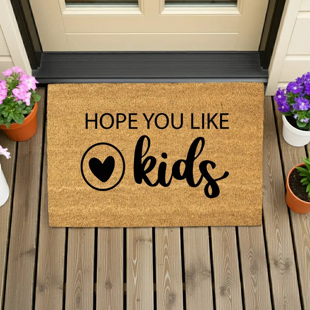 Funny Family Doormat – “Hope You Like Kids” | Coir Welcome Mat with Heart Design | Family Home Entryway Décor | Perfect Gift for Parents