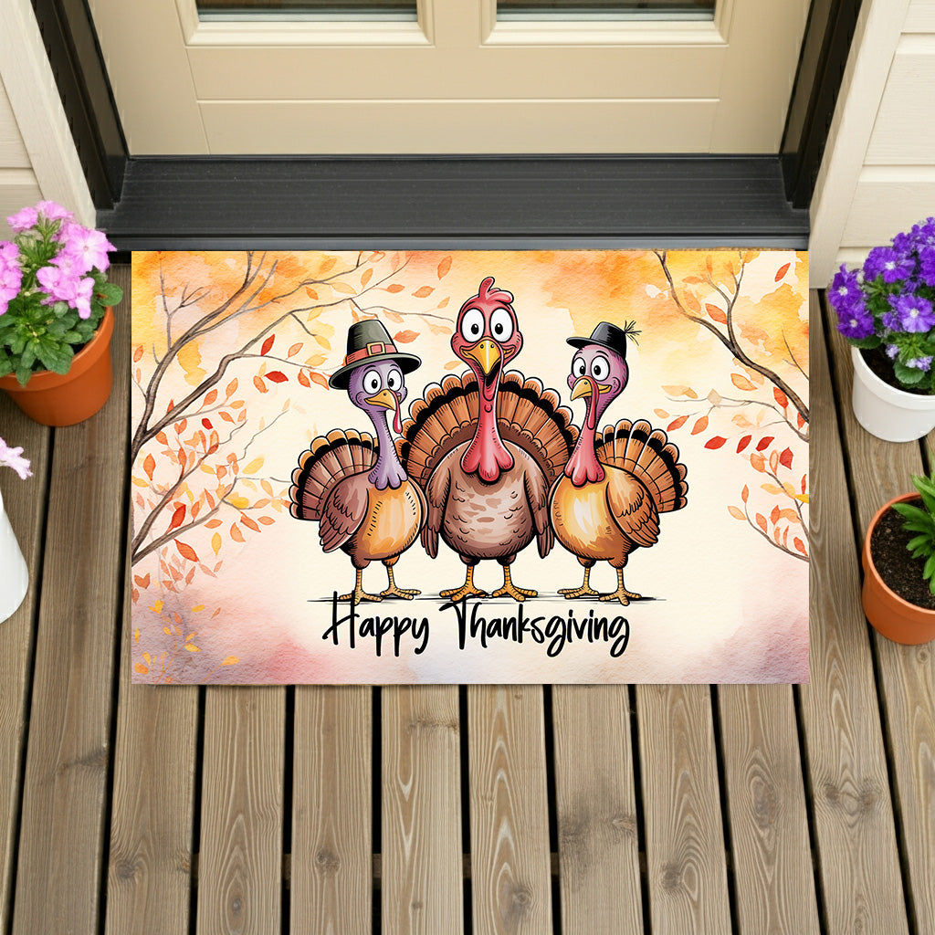 Happy Thanksgiving Turkey Doormat – Funny Fall Welcome Mat with Cartoon Turkeys & Autumn Leaves – Full-Color Entry Rug for Holiday Decor - Mallard Moon