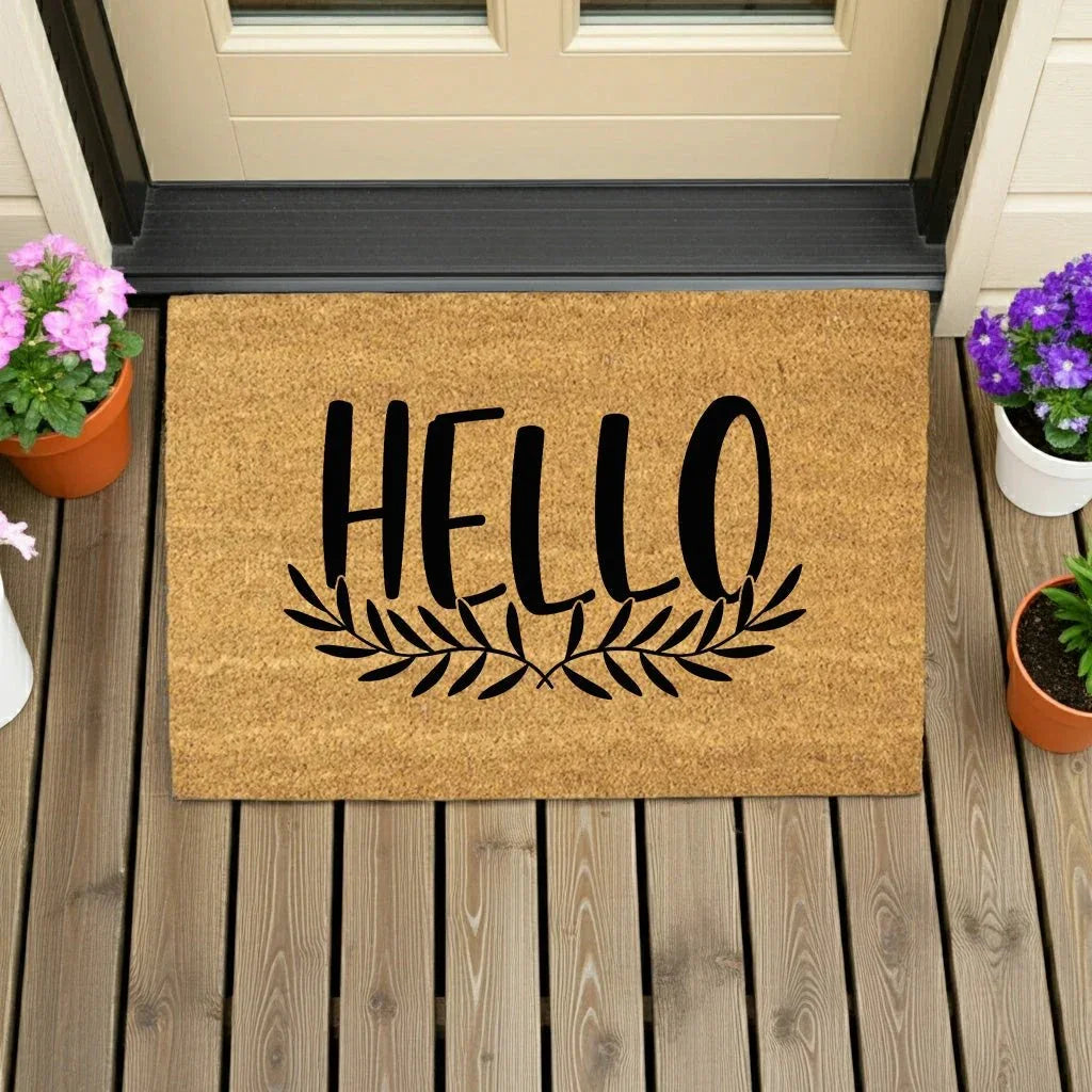 Hello Coir Doormat with Leaf Design – Simple Welcome Mat | Modern Farmhouse Front Porch Decor | Everyday Entryway Rug