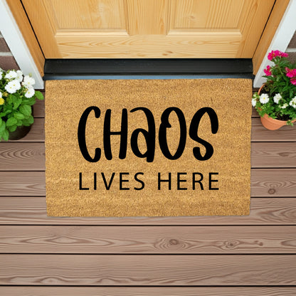 Chaos Lives Here Coir Doormat – Funny Family Welcome Mat | Rustic Farmhouse Front Porch Decor | Everyday Entryway Rug - Mallard Moon