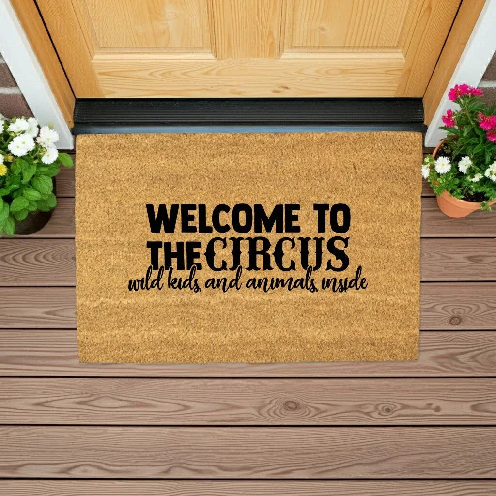 Welcome to the Circus Funny Family Doormat | Wild Kids and Animals Inside | Humorous Coir Welcome Mat for Busy Homes