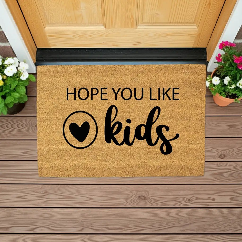 Funny Family Doormat – “Hope You Like Kids” | Coir Welcome Mat with Heart Design | Family Home Entryway Décor | Perfect Gift for Parents