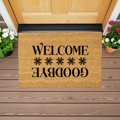 “Welcome / Goodbye” Snowflake Doormat | Double-Sided Winter Coir Welcome Mat | Funny Holiday Front Porch Décor - Mallard Moon