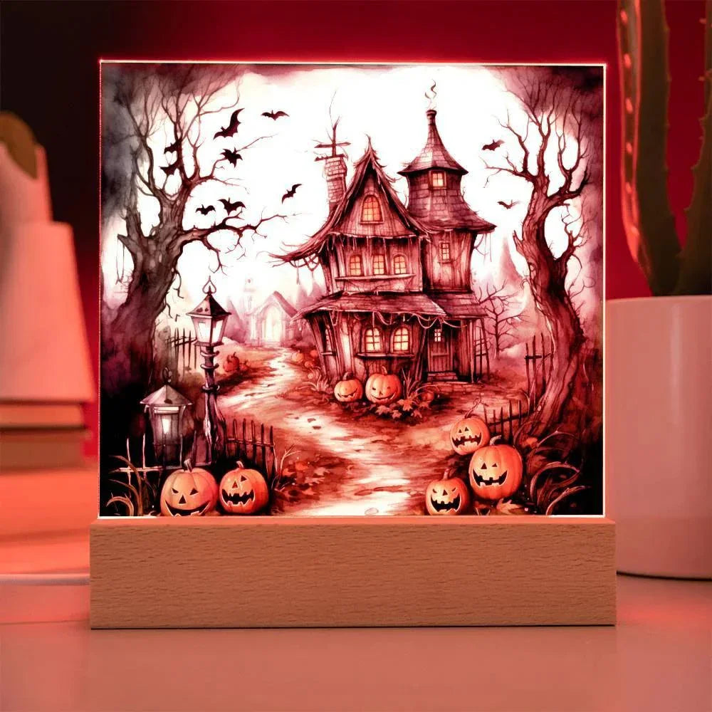 Midnight Manor: Premium Acrylic Halloween Plaque Haunted House Lighted Table-top Decor