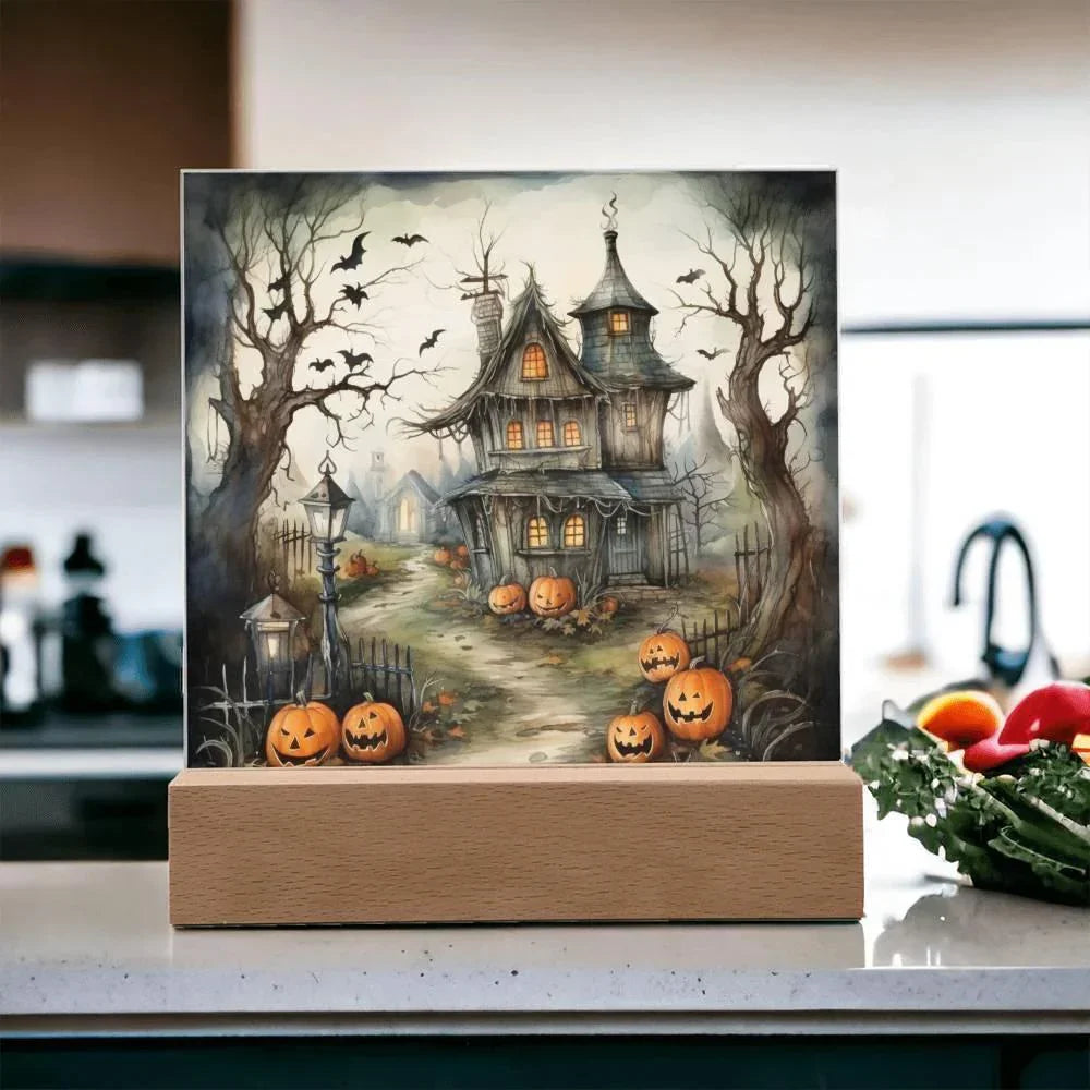 Midnight Manor: Premium Acrylic Halloween Plaque Haunted House Lighted Table-top Decor