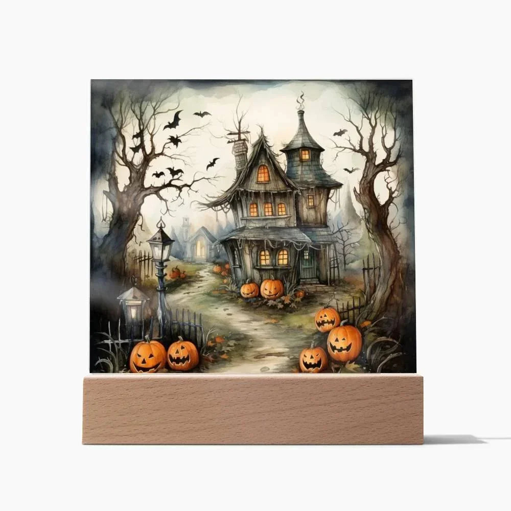 Midnight Manor: Premium Acrylic Halloween Plaque Haunted House Lighted Table-top Decor