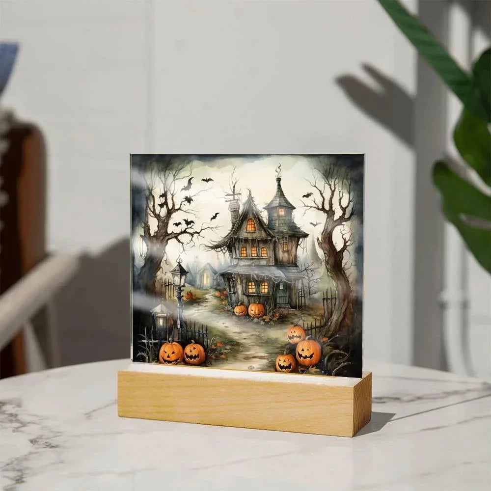 Midnight Manor: Premium Acrylic Halloween Plaque Haunted House Lighted Table-top Decor