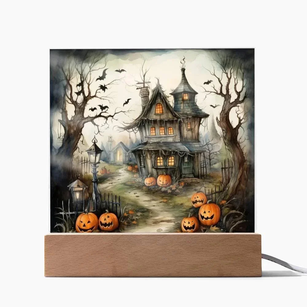 Midnight Manor: Premium Acrylic Halloween Plaque Haunted House Lighted Table-top Decor