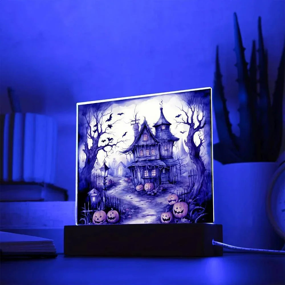 Midnight Manor: Premium Acrylic Halloween Plaque Haunted House Lighted Table-top Decor