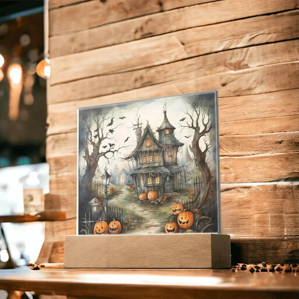 Midnight Manor: Premium Acrylic Halloween Plaque Haunted House Lighted Table-top Decor