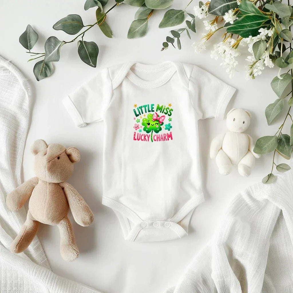 Little Miss Lucky Charm St. Patrick’s Day Baby Bodysuit – Cute Shamrock & Bow Onesie – Soft Cotton Infant Romper – Irish Holiday Outfit & Baby Gift