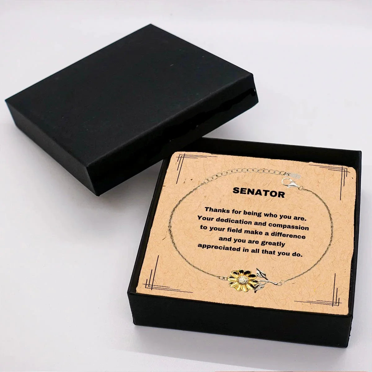 Senator Sunflower Bracelet – Sterling Silver & 18k Gold-Plated Pendant with Gift Box & Message Card – Thoughtful Appreciation Gift for Women in Public Service