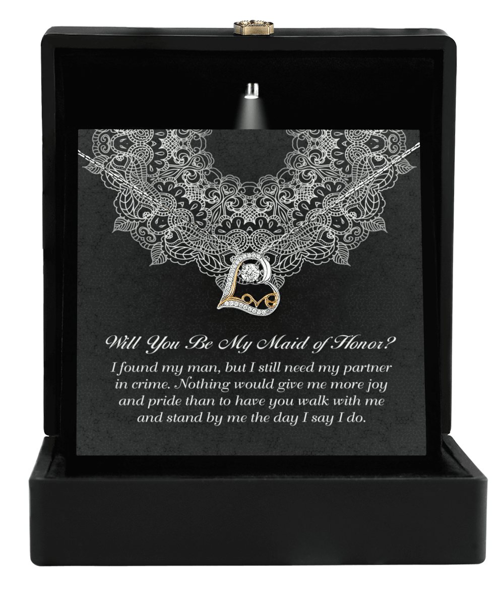 Maid of Honor Wedding Proposal Gift - Partner In Crime - Love Dancing Heart Pendant Necklace - Mallard Moon Gift Shop