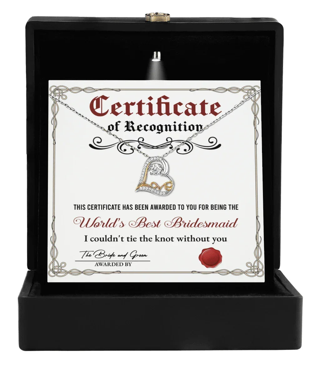 Bridesmaid Gift - Certificate Of Recognition Love Dancing Heart Pendant Necklace