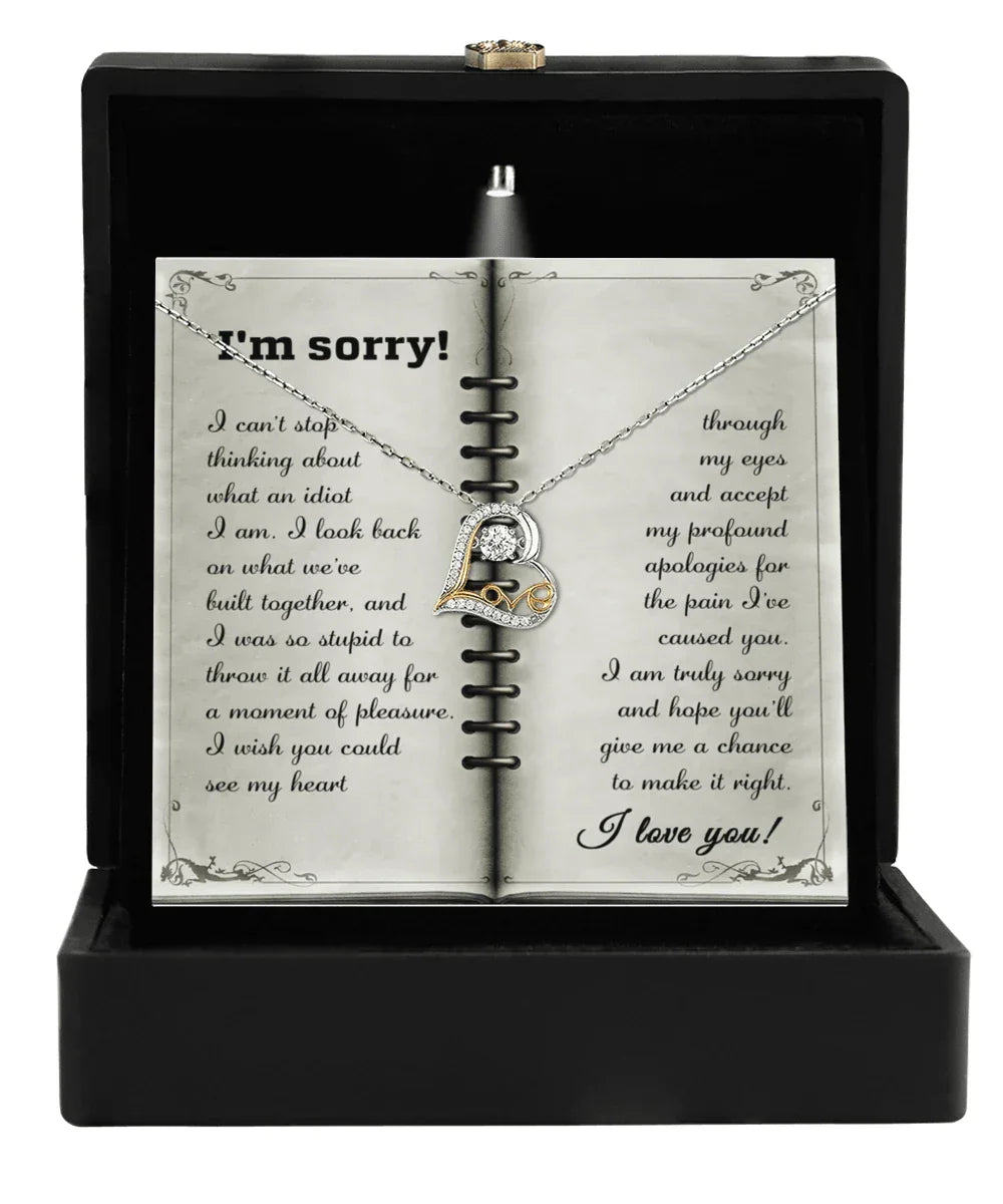 Apology Necklace for Girlfriend, Wife, or Soulmate – “I’m Sorry, What an Idiot” Love Dancing Heart Pendant with Message Card