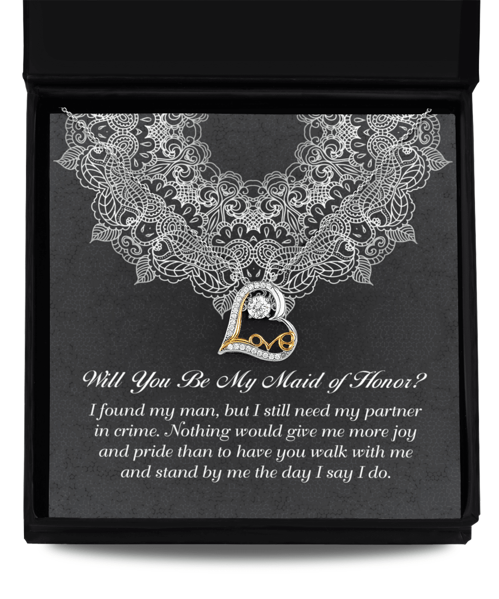 Maid of Honor Wedding Proposal Gift - Partner In Crime - Love Dancing Heart Pendant Necklace - Mallard Moon Gift Shop