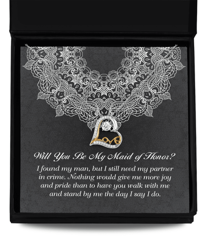 Maid of Honor Wedding Proposal Gift - Partner In Crime - Love Dancing Heart Pendant Necklace - Mallard Moon Gift Shop
