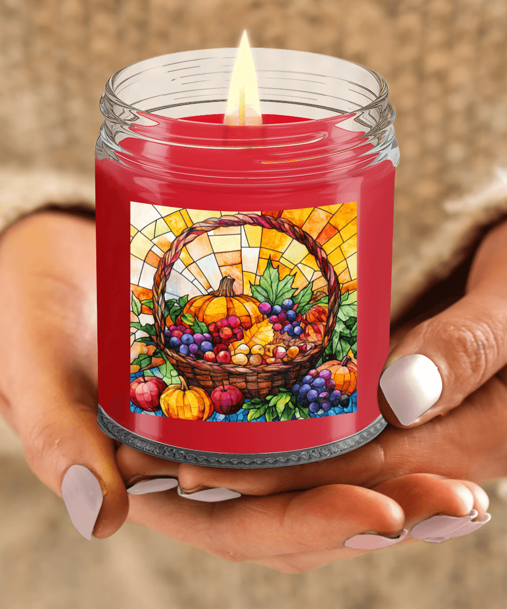 Bountiful Fall Fruit Basket - Stained Glass Soy Scented Container Jar Candle - Mallard Moon Gift Shop