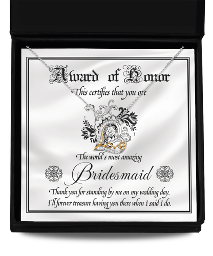 Bridesmaid Wedding Day Gift - Award Of Honor Thank You Card with Love Dancing Heart Pendant Necklace - Mallard Moon Gift Shop