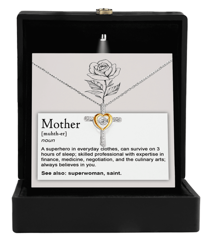 Mother, Definition - Superhero, Saint Cross Pendant Necklace - Mallard Moon Gift Shop