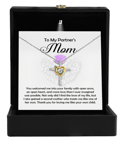 To My Partner's Mom You Welcomed me with Open Arms and an Open Heart Cross Pendant Necklace - Mallard Moon Gift Shop