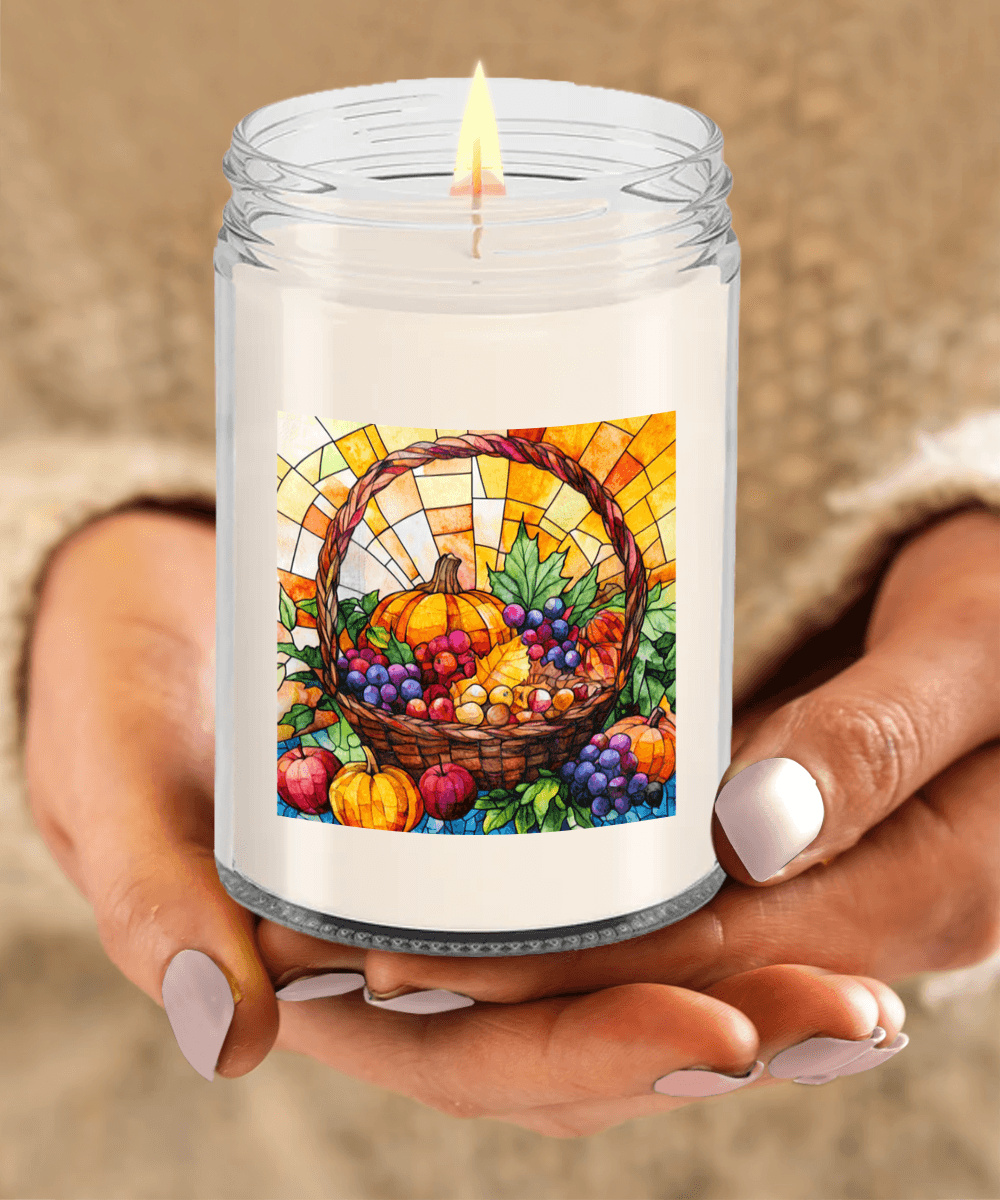 Bountiful Fall Fruit Basket - Stained Glass Soy Scented Container Jar Candle - Mallard Moon Gift Shop