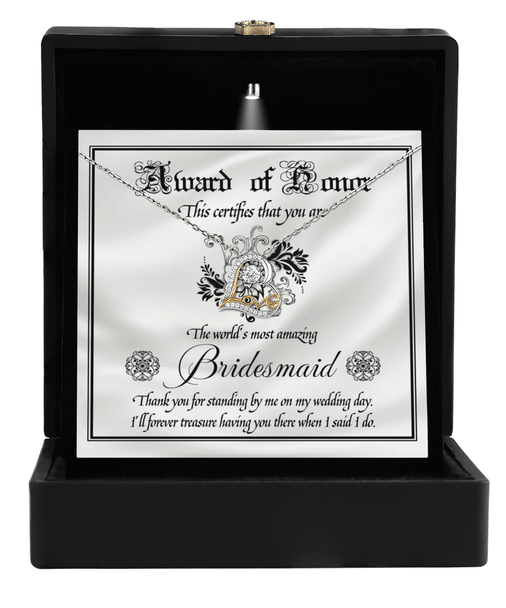 Bridesmaid Wedding Day Gift - Award Of Honor Thank You Card with Love Dancing Heart Pendant Necklace - Mallard Moon Gift Shop