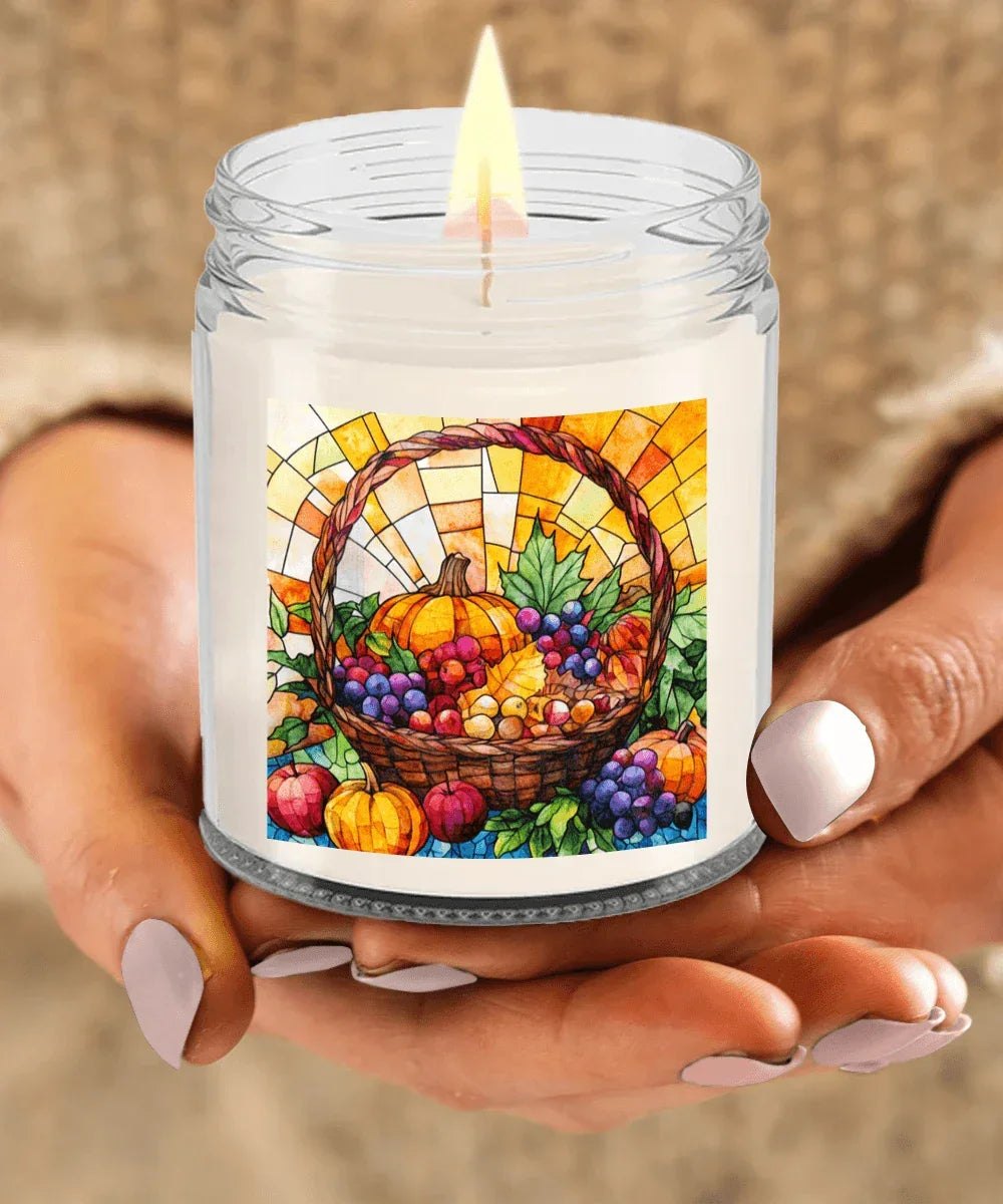 Bountiful Fall Fruit Basket - Stained Glass Soy Scented Container Jar Candle