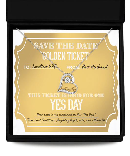 Wife Wedding Day Gift - Golden Ticket - Love Dancing Heart Pendant Necklace - Mallard Moon Gift Shop