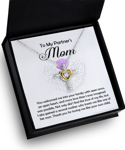To My Partner's Mom You Welcomed me with Open Arms and an Open Heart Cross Pendant Necklace - Mallard Moon Gift Shop