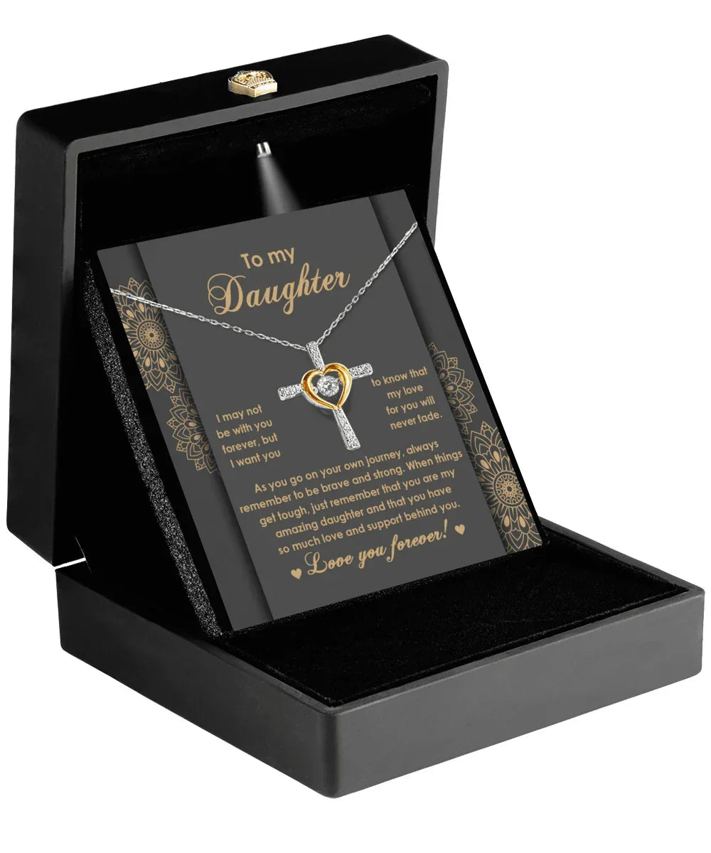 Daughter Gift for Birthday, Christmas, Graduation Inspirational Brave and Strong Cross Pendant Necklace