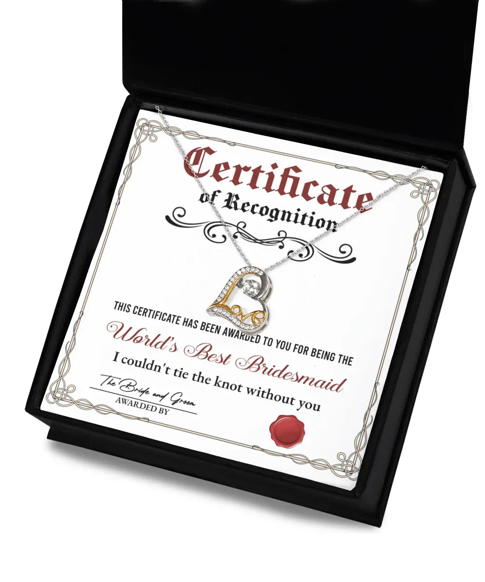 Bridesmaid Gift - Certificate Of Recognition Love Dancing Heart Pendant Necklace