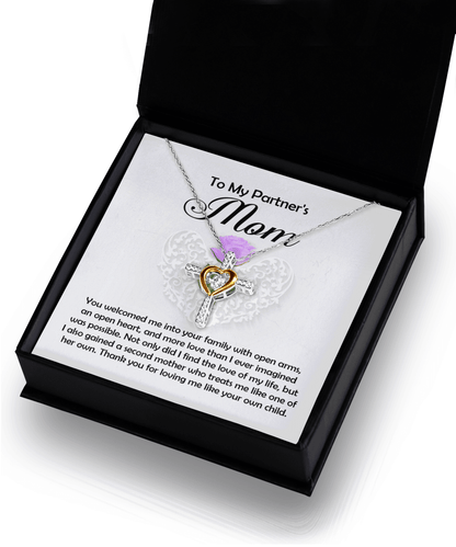To My Partner's Mom You Welcomed me with Open Arms and an Open Heart Cross Pendant Necklace - Mallard Moon Gift Shop