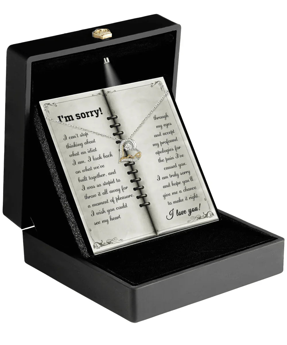 Apology Necklace for Girlfriend, Wife, or Soulmate – “I’m Sorry, What an Idiot” Love Dancing Heart Pendant with Message Card