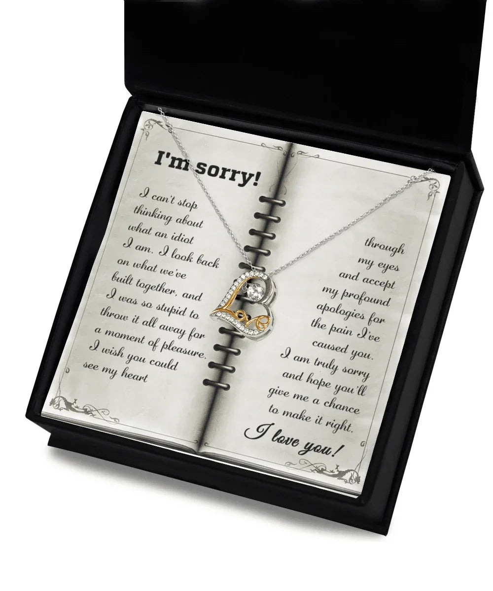 Apology Necklace for Girlfriend, Wife, or Soulmate – “I’m Sorry, What an Idiot” Love Dancing Heart Pendant with Message Card