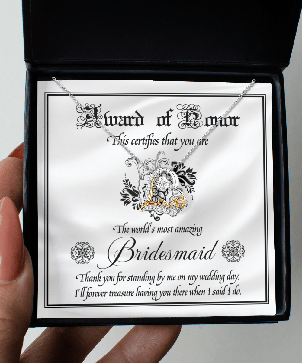 Bridesmaid Wedding Day Gift - Award Of Honor Thank You Card with Love Dancing Heart Pendant Necklace - Mallard Moon Gift Shop