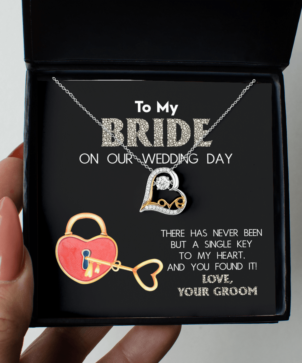 To My Bride on Our Wedding Day - You Have the Single Key to My Heart Love Dancing Heart Pendant Necklace - Mallard Moon Gift Shop