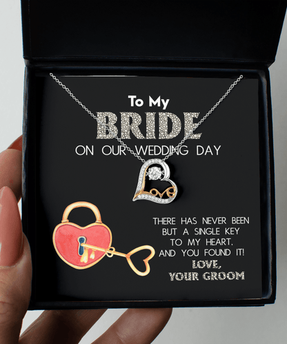 To My Bride on Our Wedding Day - You Have the Single Key to My Heart Love Dancing Heart Pendant Necklace - Mallard Moon Gift Shop