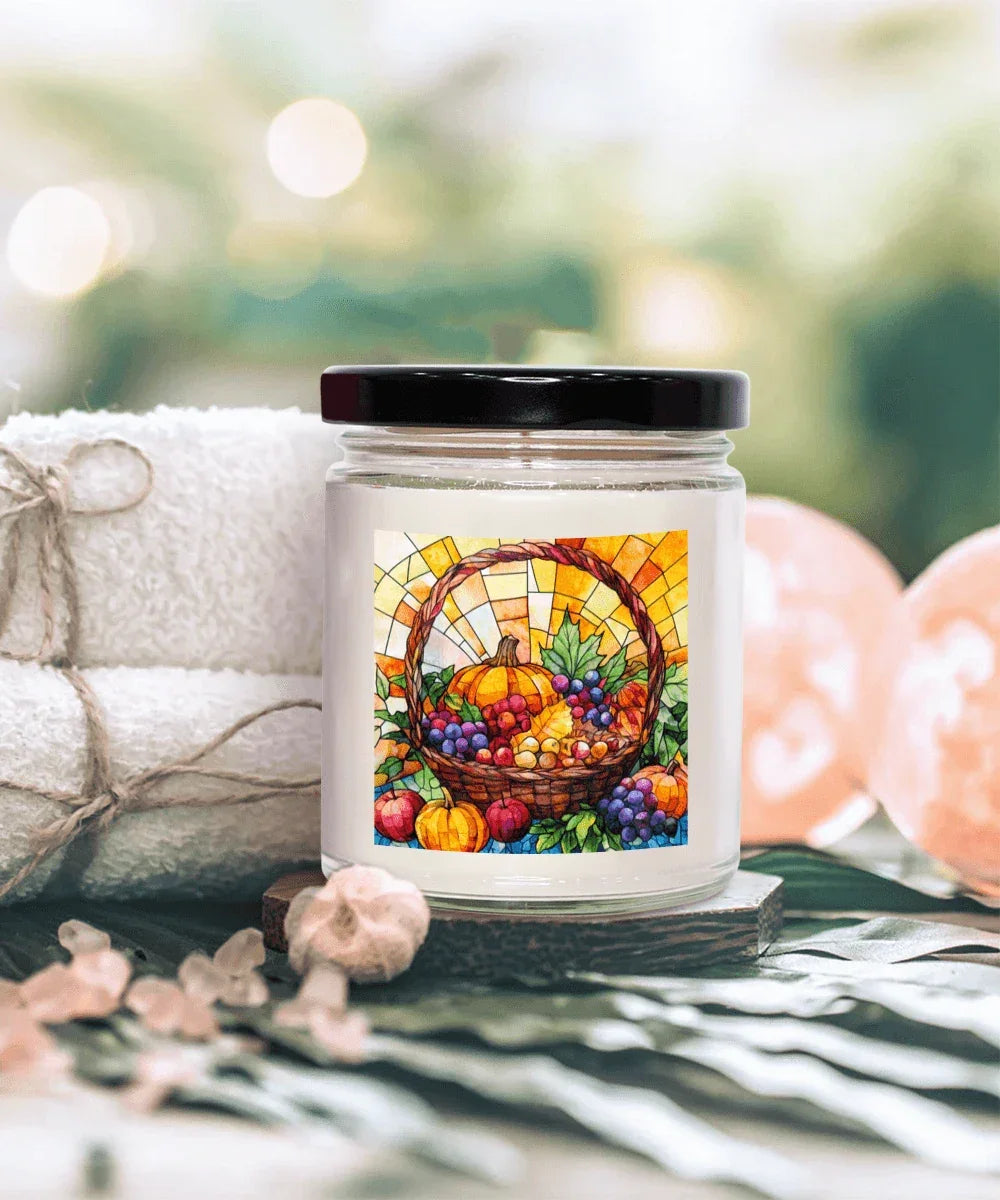 Bountiful Fall Fruit Basket - Stained Glass Soy Scented Container Jar Candle