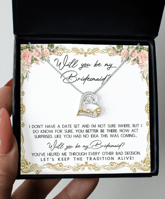 Bridesmaid Proposal Gift Keep The Tradition Alive -Love Dancing Heart Pendant Necklace Be My Bridesmaid Wedding Gift from Bride - Mallard Moon Gift Shop