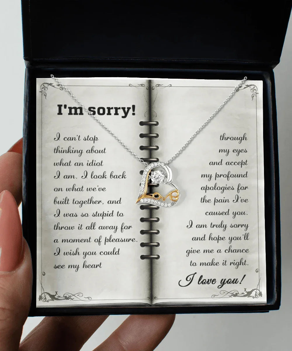 Apology Necklace for Girlfriend, Wife, or Soulmate – “I’m Sorry, What an Idiot” Love Dancing Heart Pendant with Message Card