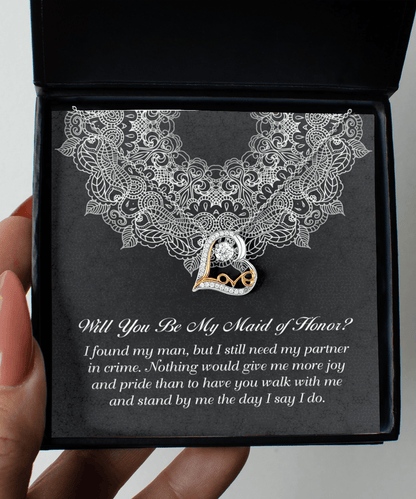 Maid of Honor Wedding Proposal Gift - Partner In Crime - Love Dancing Heart Pendant Necklace - Mallard Moon Gift Shop