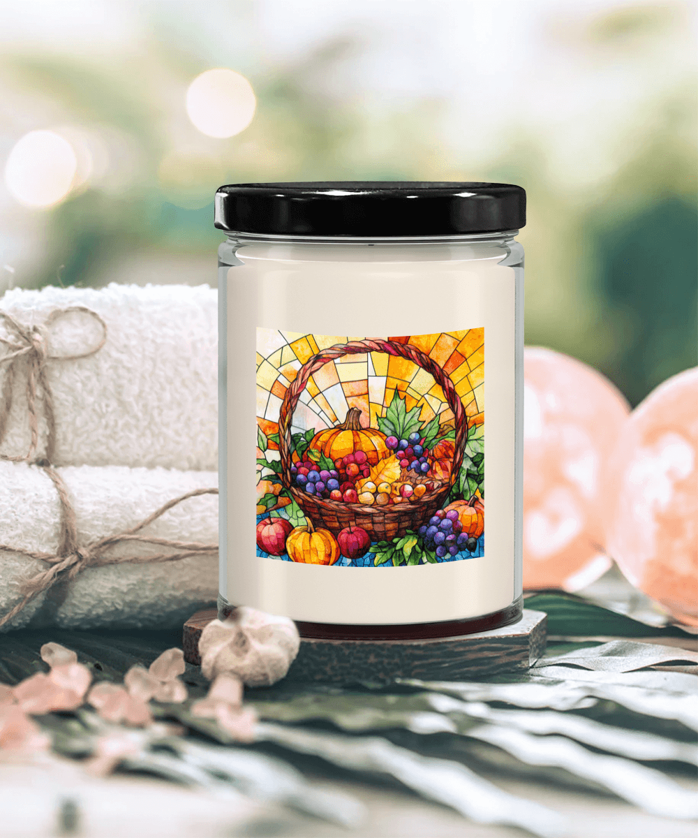 Bountiful Fall Fruit Basket - Stained Glass Soy Scented Container Jar Candle - Mallard Moon Gift Shop
